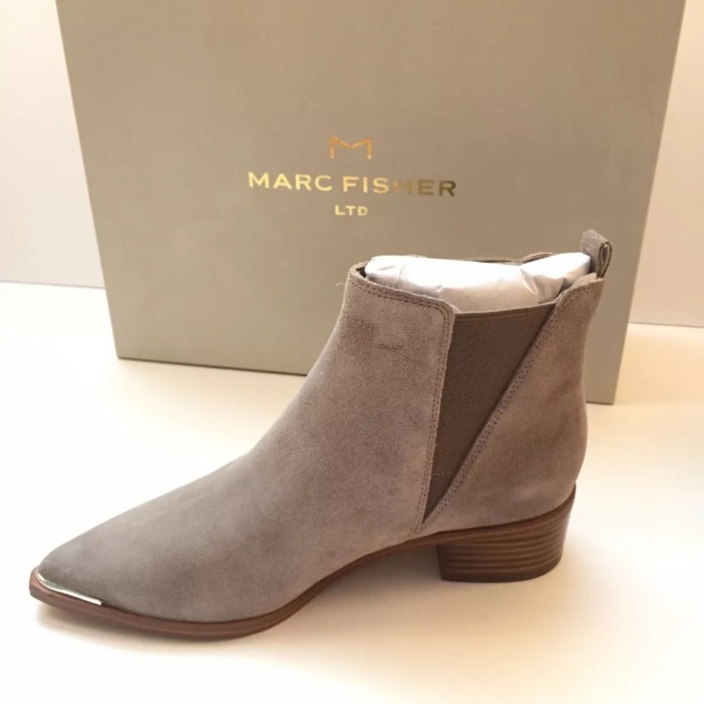 New Marc Fisher Ltd MLYALE suede metal cap toe boots sz 5M taupe/ ivory